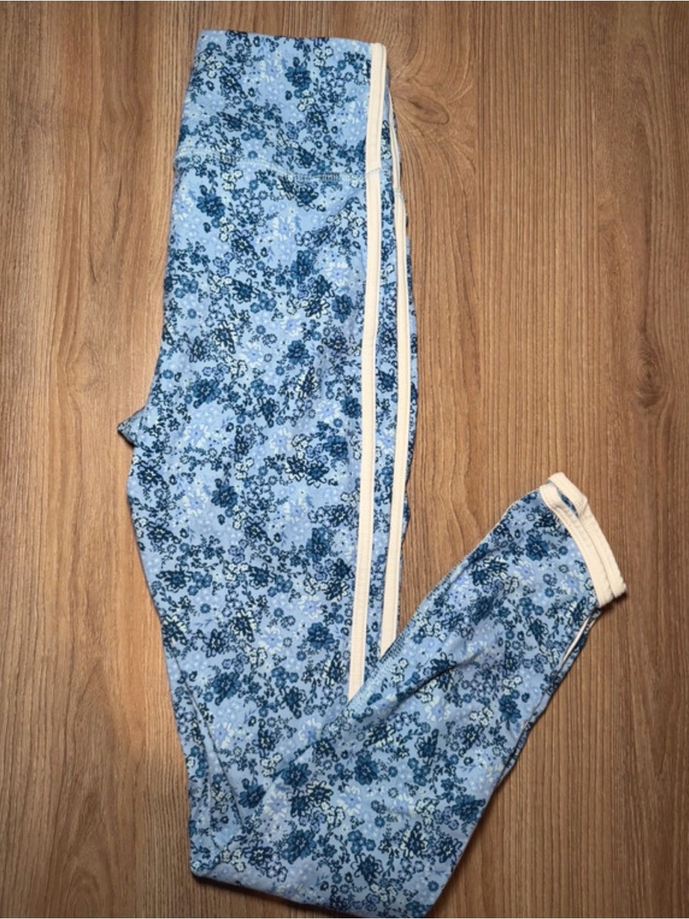 Blue Floral  Leggings with Side Stripe